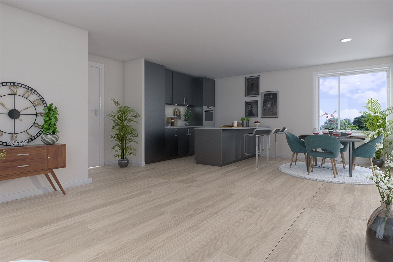 Det er lagt vekt på praktiske løsninger og stilfullt design. Her blir det moderne åpen stue- og kjøkkenløsning. (Illustrasjon) Galleribilde