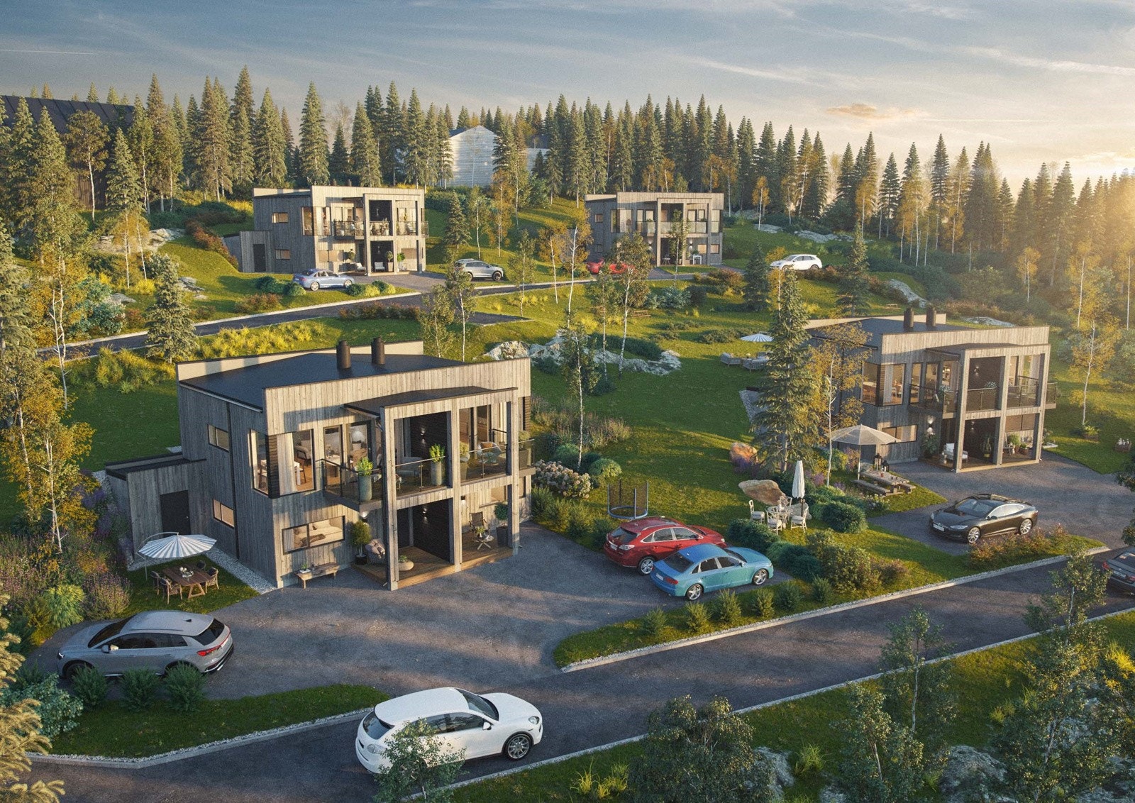 Prosjektet består av åtte halvparter av tomannsbolig, som går over to plan Galleribilde