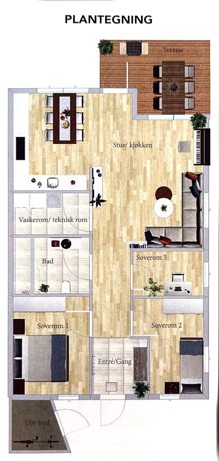 Tegningen eller bildene er en illustrasjon. Utleier har ikke ansvar for eventuelle avvik på boligens faktiske størrelse, innredning eller dagens bruk av rom. Galleribilde