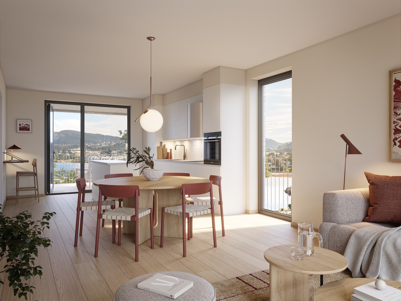 Illustrasjon fra hjørneleilighet i Fjordtunet 1. Leiligheten er gjennomgående og har kjøkkenbalkong mot stranden. Bildet er en 3D illustrasjon og kan inneha elementer/løsninger som ikke er standardleveranse. Endringer vil forekomme. Galleribilde