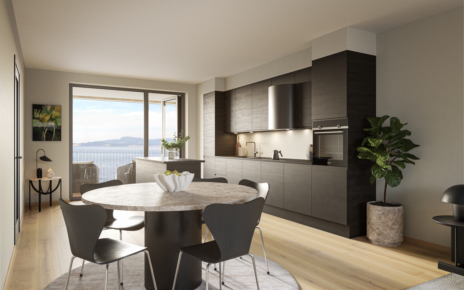 Illustrasjon fra T21/T31/T41. Gjennomgående stue/kjøkkenløsning med utsøkt utsikt til fjorden. Bildet er en 3D illustrasjon og kan inneha elementer/løsninger som ikke er standardleveranse. Endringer vil forekomme. Galleribilde