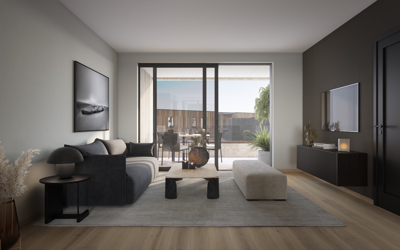 Leilighetene T21/T31/T41 har hovedbalkongen mot syd/vest som gir optimale solforhold. Bildet er en 3D illustrasjon og kan inneha elementer/løsninger som ikke er standardleveranse. Endringer vil forekomme. Galleribilde