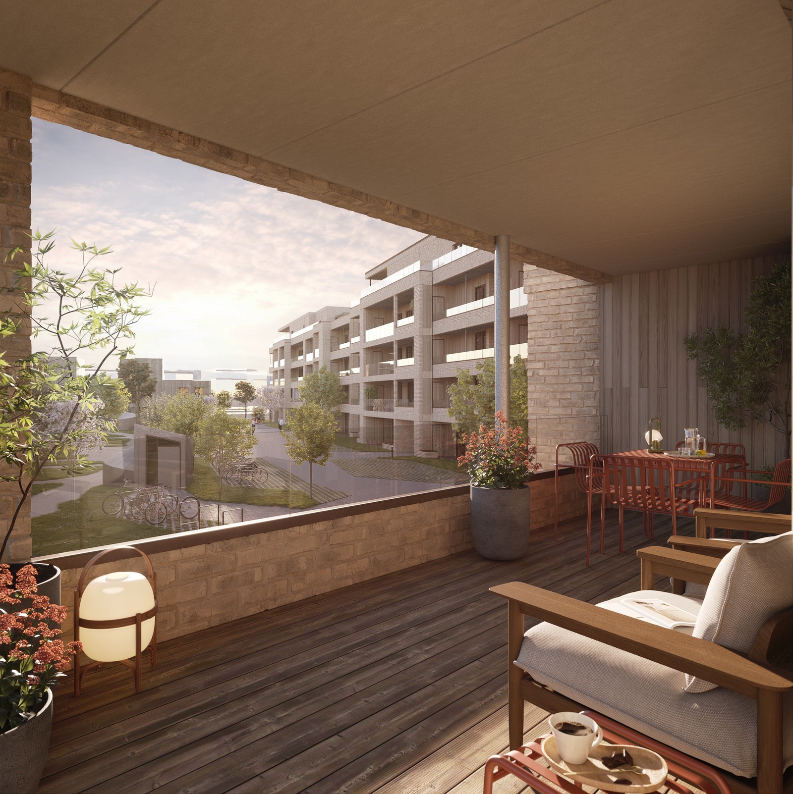 Balkongillustrasjon fra hjørneleilighet i Fjordtunet 1. Bildet er en 3D illustrasjon og kan inneha elementer/løsninger som ikke er standardleveranse. Endringer vil forekomme. Galleribilde