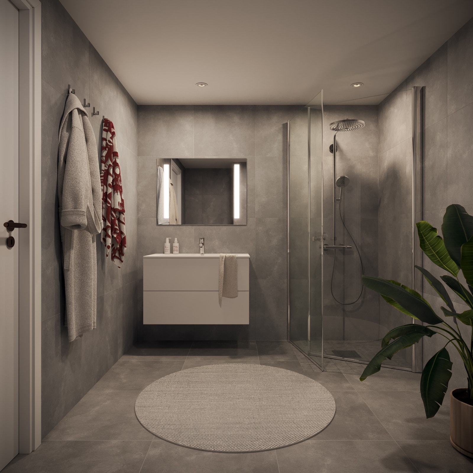 Badene leveres med standard 60 x 60 cm fliser med mulighet å velge mellom grå, gråbrun og beige uten ekstra kostnad. Bildet er en 3D illustrasjon og kan inneha elementer/løsninger som ikke er standardleveranse. Endringer vil forekomme. Galleribilde