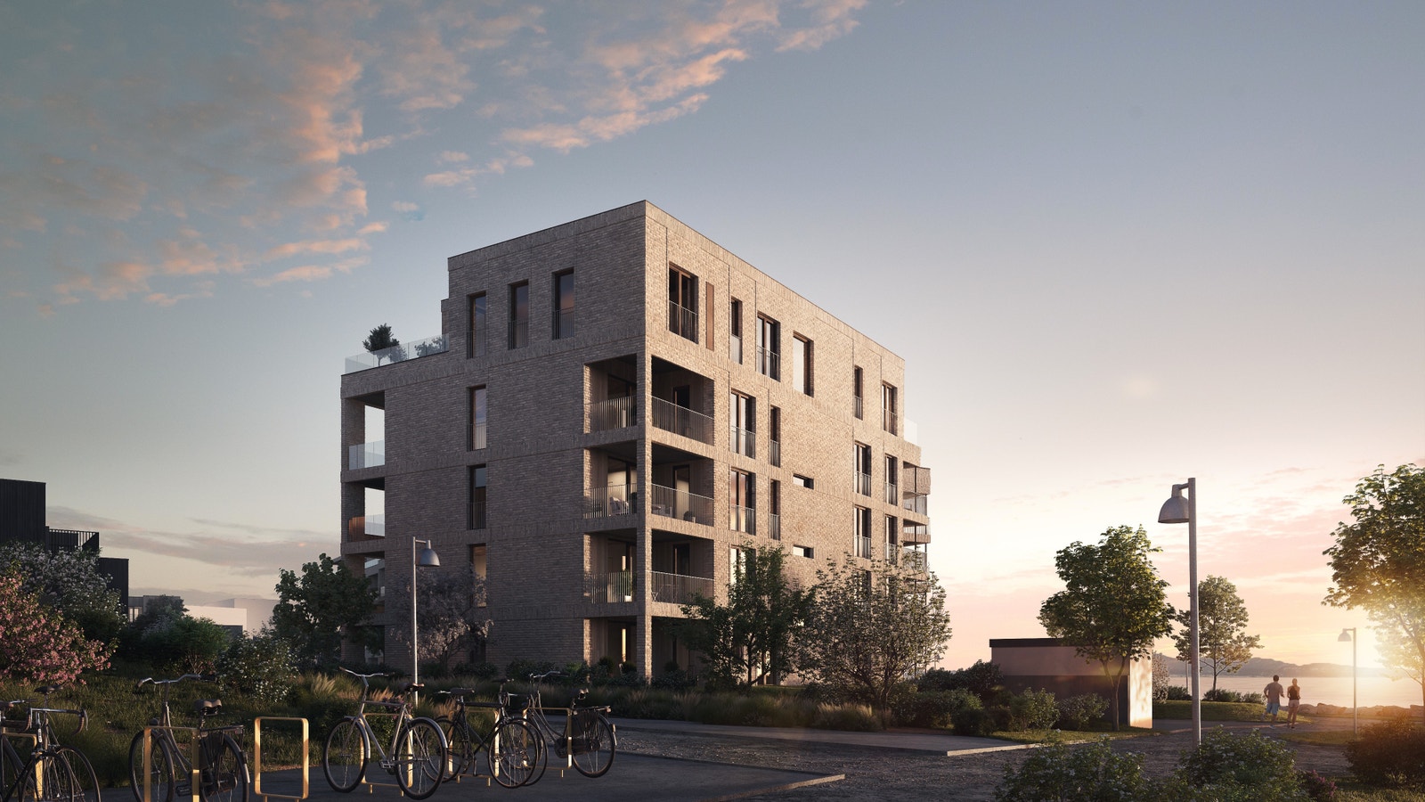 Fjordtunet 1 ligger med østfasaden mot stranden, og består av totalt 13 hjørneleiligheter.
Bildet er en 3D illustrasjon og kan inneha elementer/løsninger som ikke er standardleveranse. Endringer vil forekomme. Galleribilde