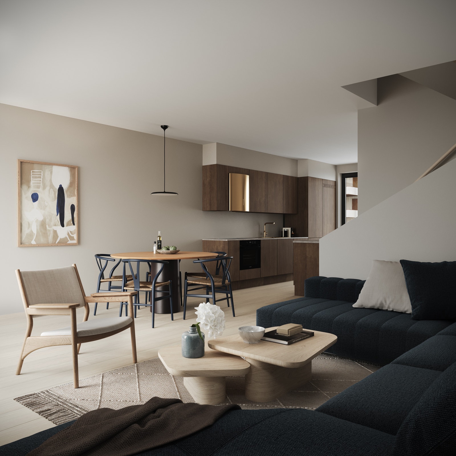 Illustrasjon fra stue/kjøkken i Fjordhus. Alle Fjordhusene har terrasser i 1.etg. Bildet er en 3D illustrasjon og kan inneha elementer/løsninger som ikke er standardleveranse. Endringer vil forekomme. Galleribilde