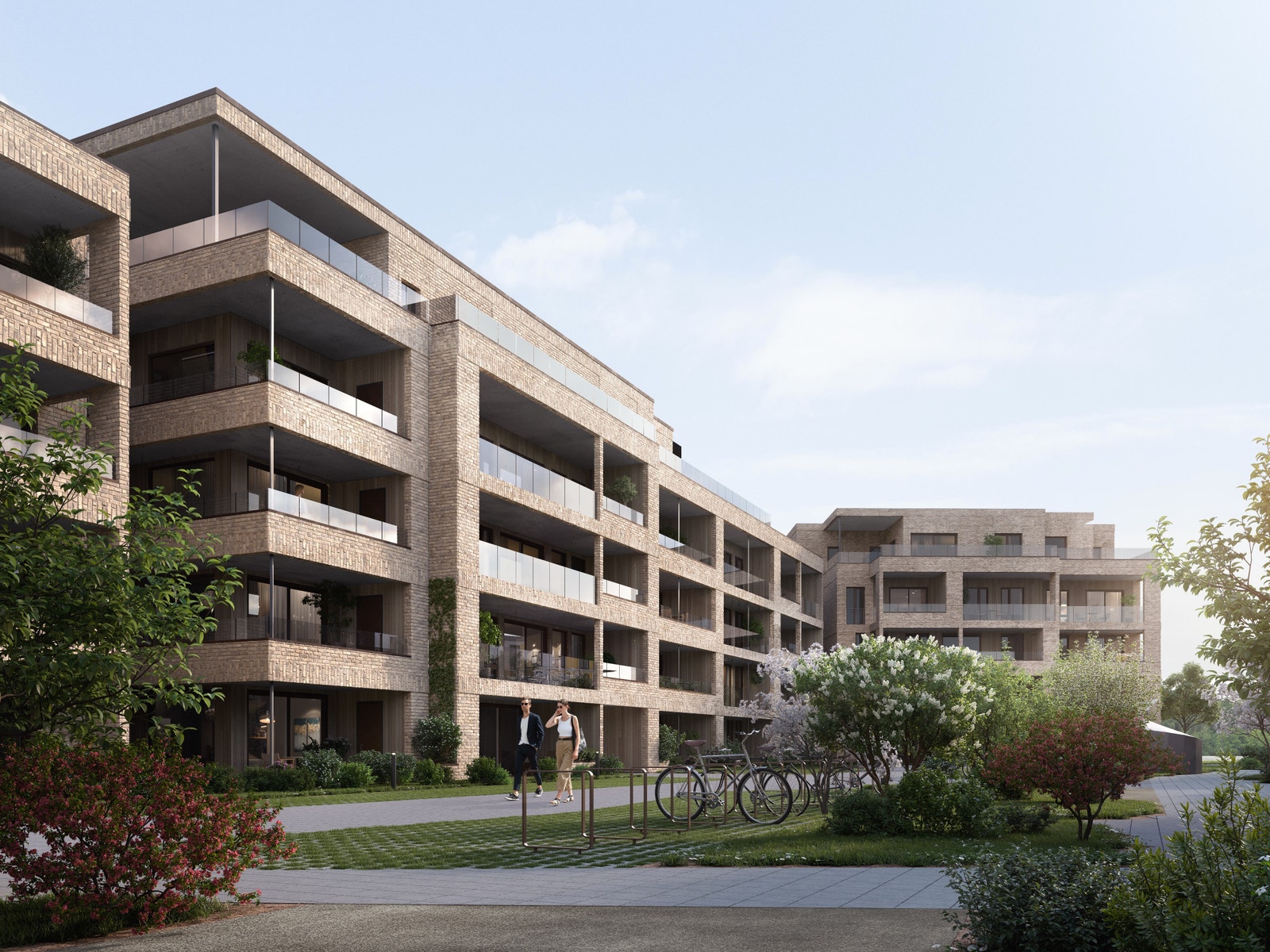 Her ser vi Fjordtunet 2 til venstre og Fjordtunet 1 bakerst i bilde. Ett stort tun foran byggene gir hyggelige møteplasser. Bildet er en 3D illustrasjon og kan inneha elementer/løsninger som ikke er standardleveranse. Endringer vil forekomme. Galleribilde