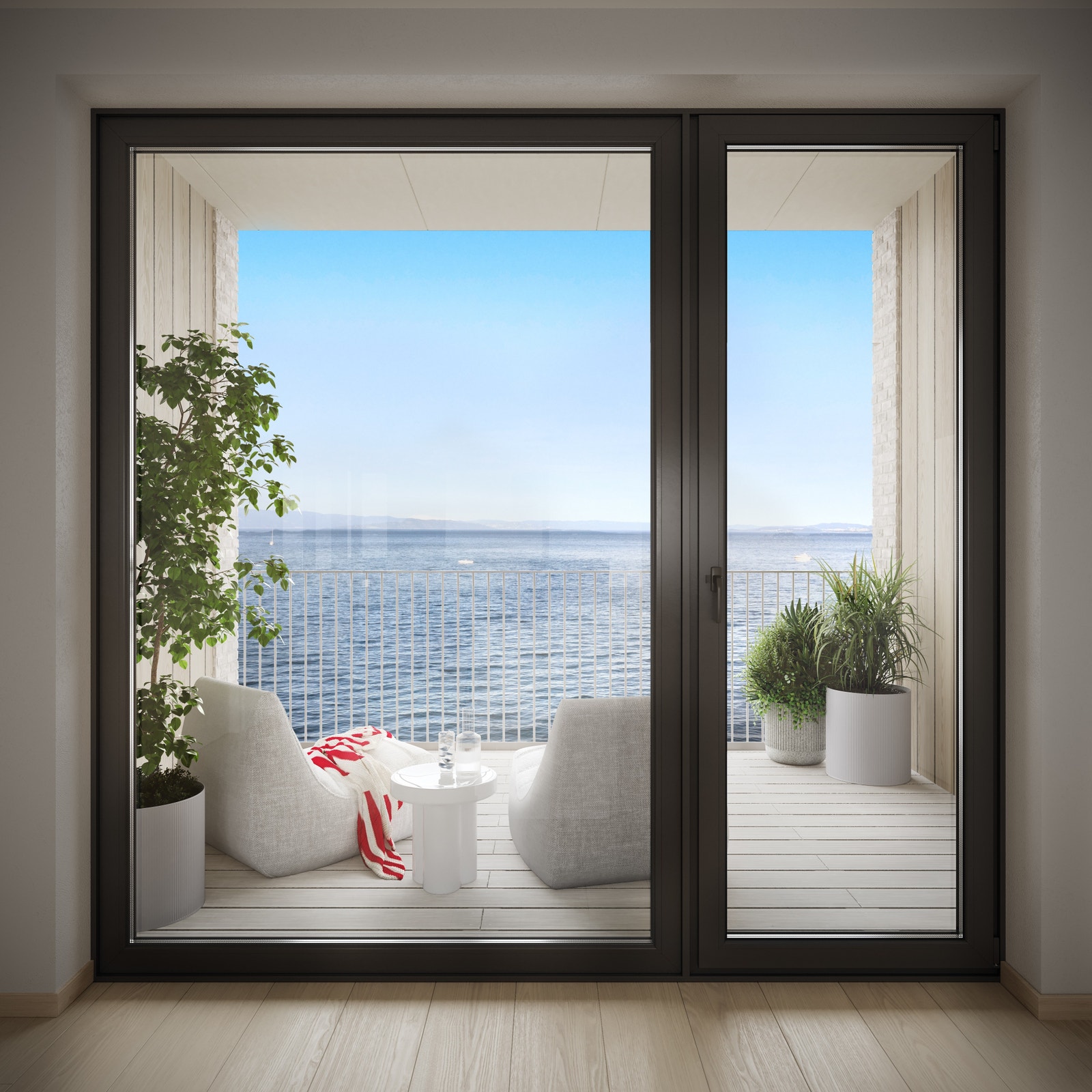 Alle leiligheter over 90 kvm. har balkong med fjordutsikt. Bildet er en 3D illustrasjon og kan inneha elementer/løsninger som ikke er standardleveranse. Endringer vil forekomme. Galleribilde