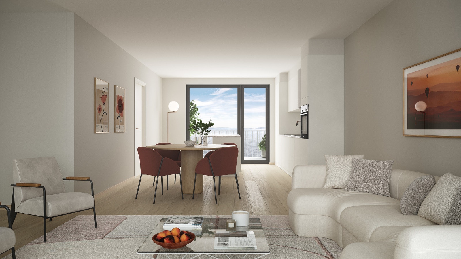 De fleste leilighetene er gjennomgående som gir deg balkong på både fjordsiden, men også inn mot tunet med solvending. Bildet er en 3D illustrasjon og kan inneha elementer/løsninger som ikke er standardleveranse. Endringer vil forekomme. Galleribilde