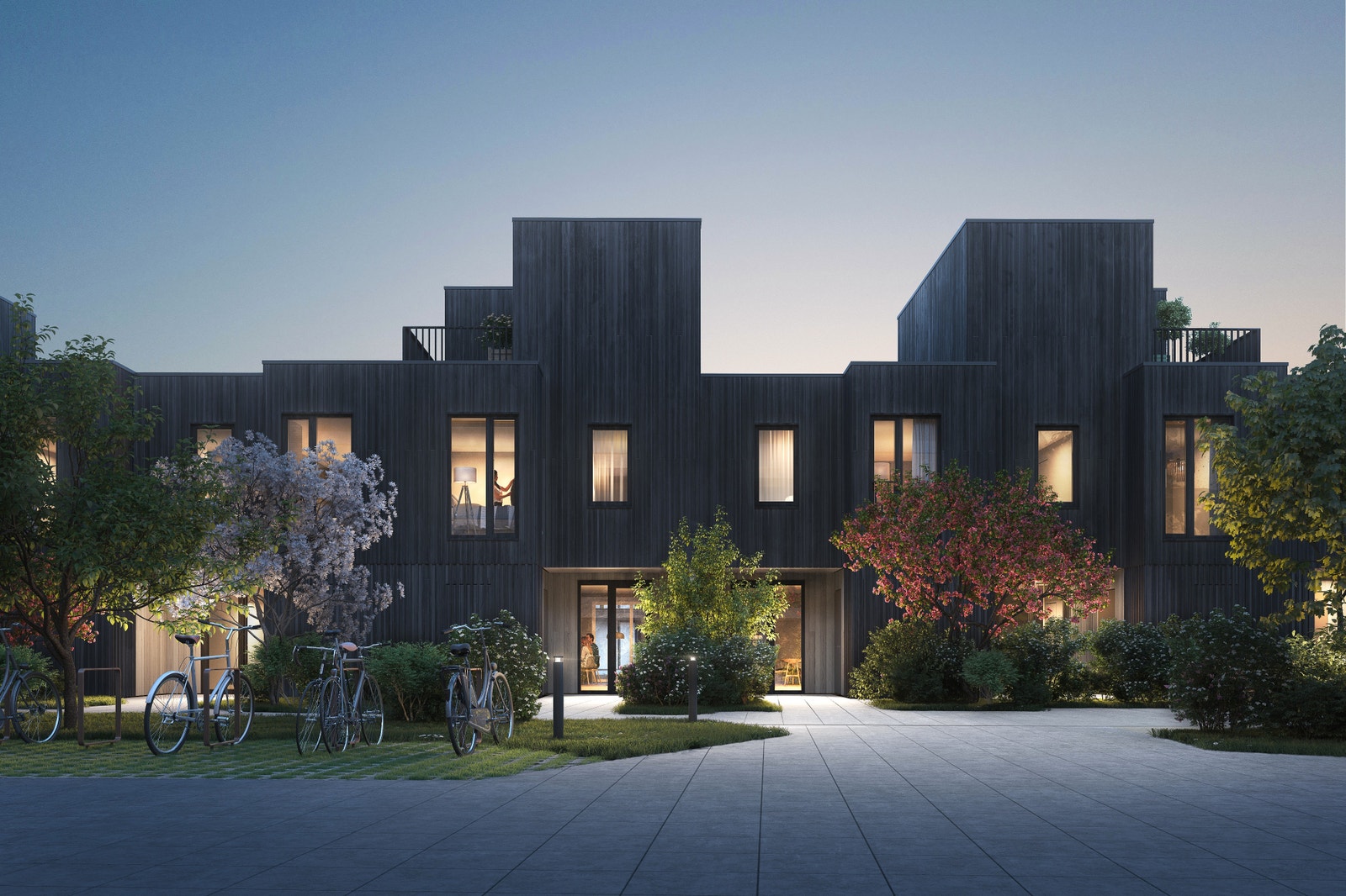 Fjordhusene vil bygges i varierte høyder, og har privatiserte inngangspartier. Bildet er en 3D illustrasjon og kan inneha elementer/løsninger som ikke er standardleveranse. Endringer vil forekomme. Galleribilde