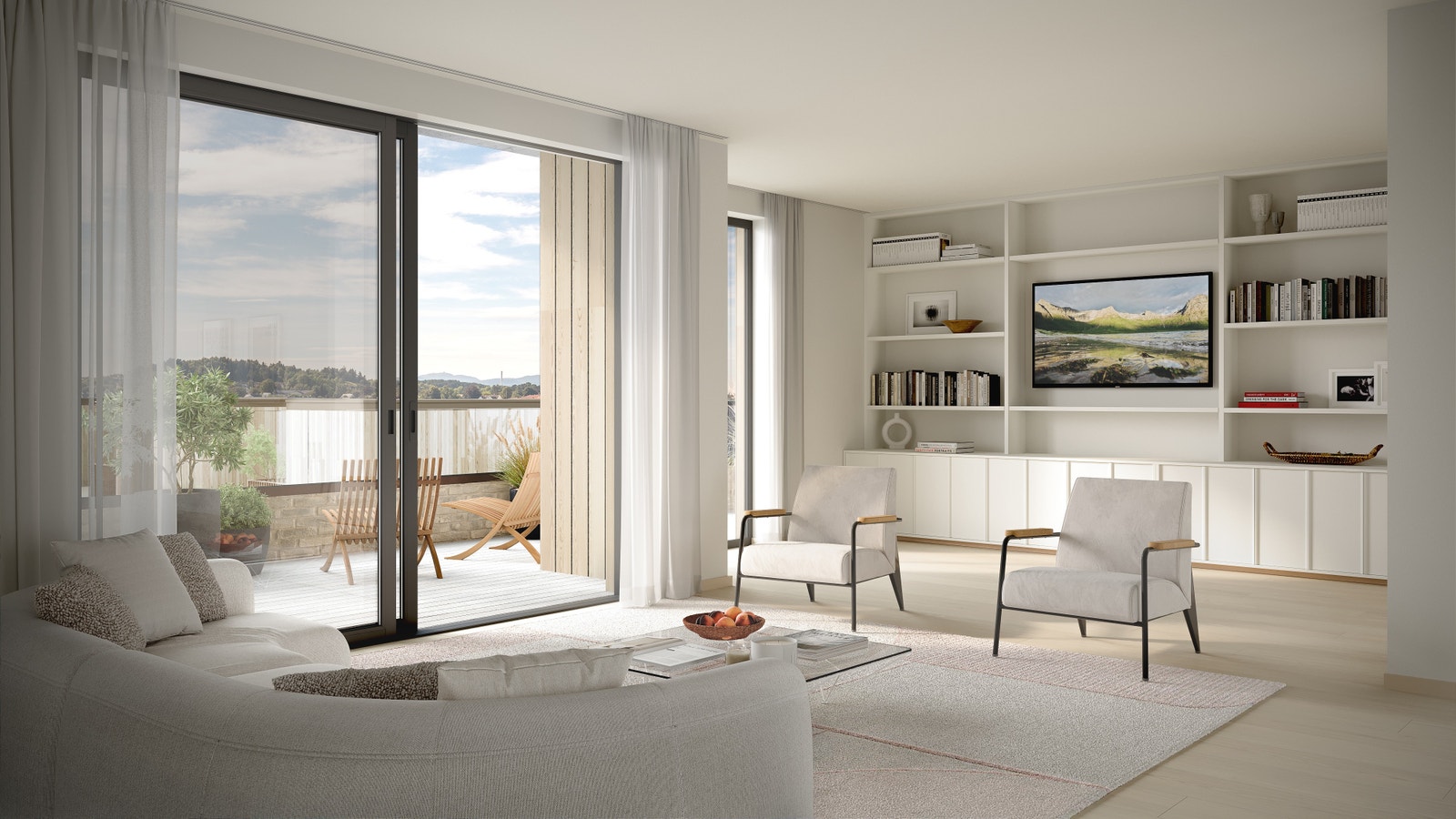 I Fjordtunet 2 har leilighetene ulike planløsninger og utforminger - og med store balkonger mot syd/vest. Bildet er en 3D illustrasjon og kan inneha elementer/løsninger som ikke er standardleveranse. Endringer vil forekomme. Galleribilde