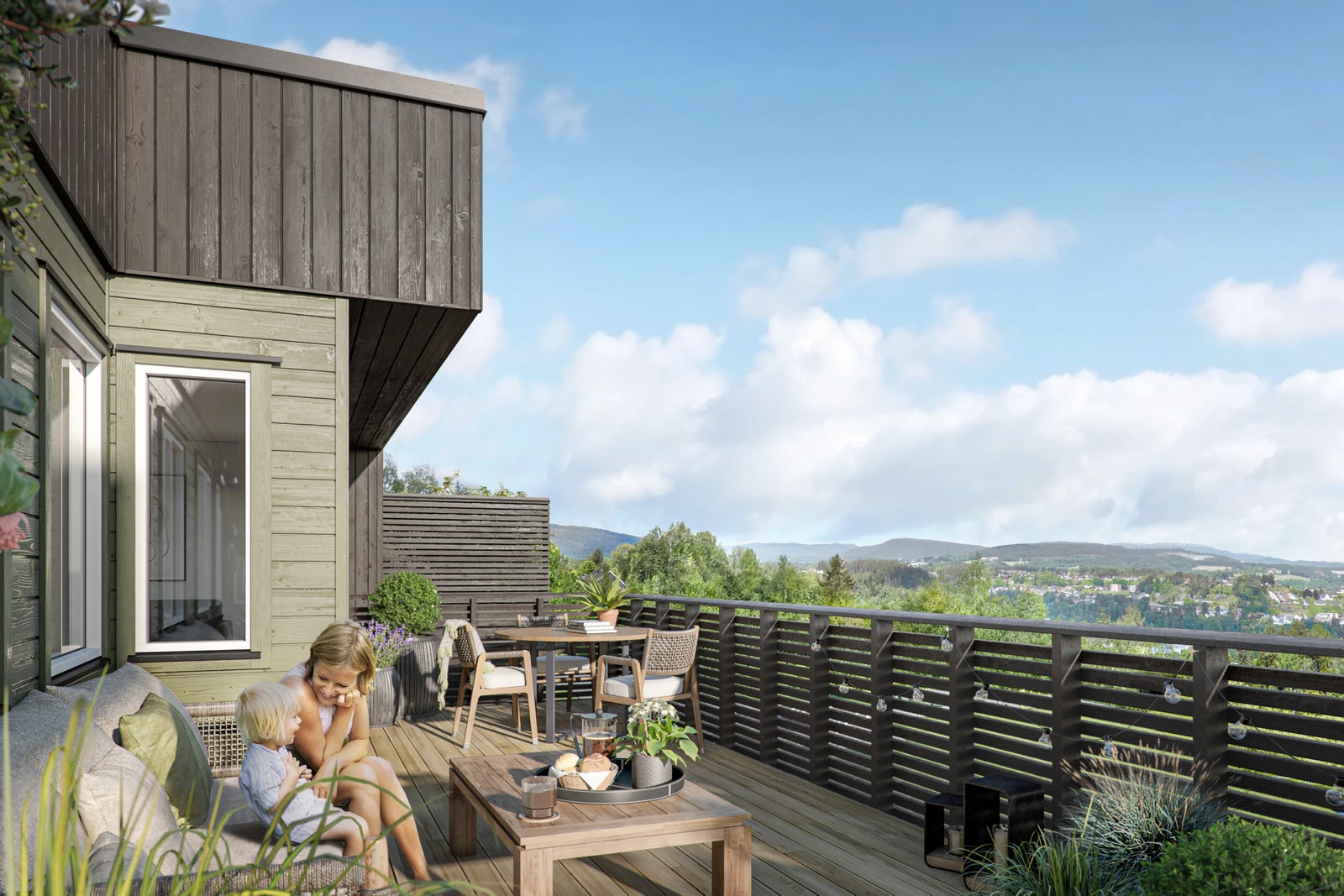 Nydelig utsikt over byen og med fjellene i horisonten (her fra boenhet 6 og 7 i front) Galleribilde