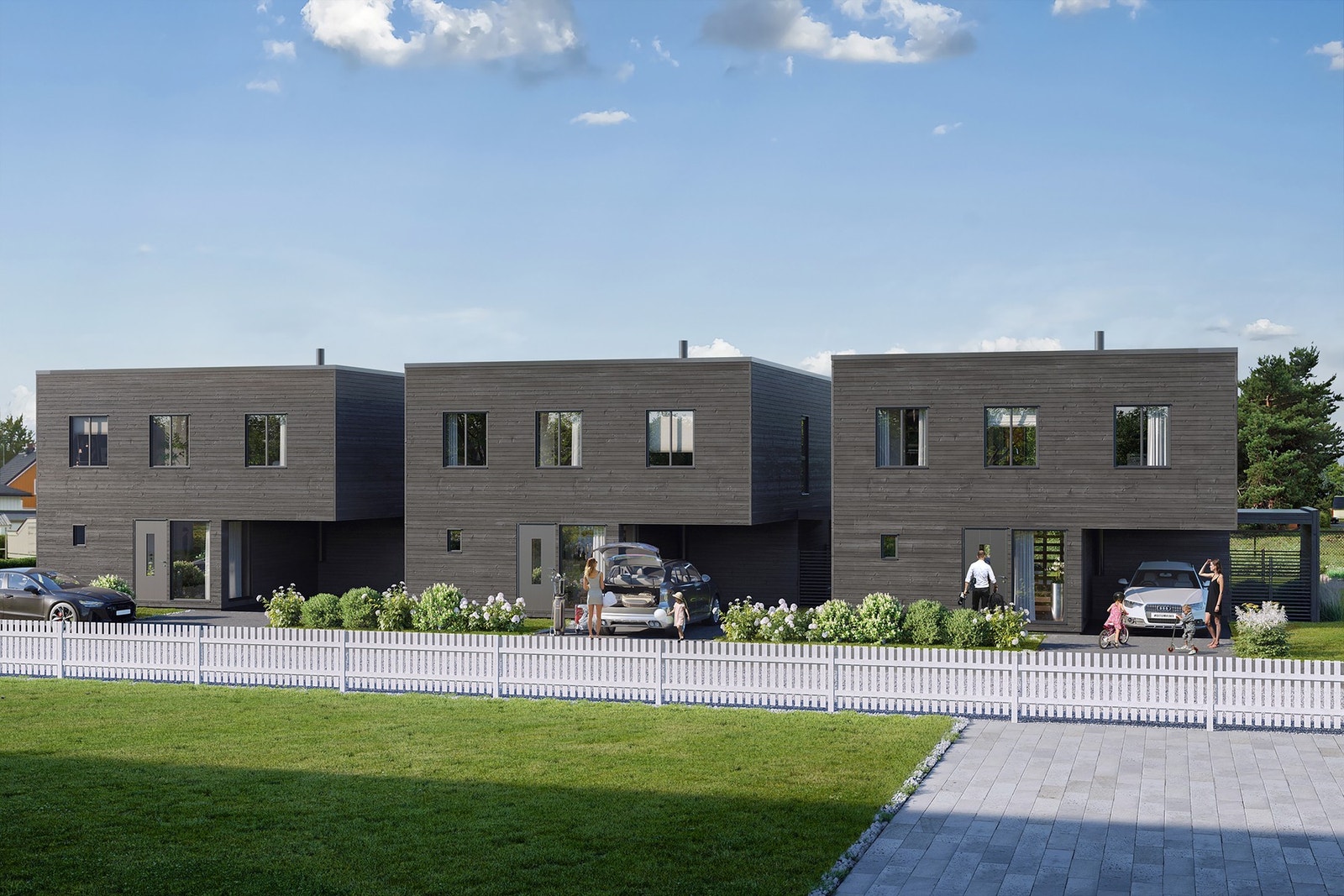 3 flotte eneboliger i kjede. Carport, platting og egen hageflekk. Galleribilde