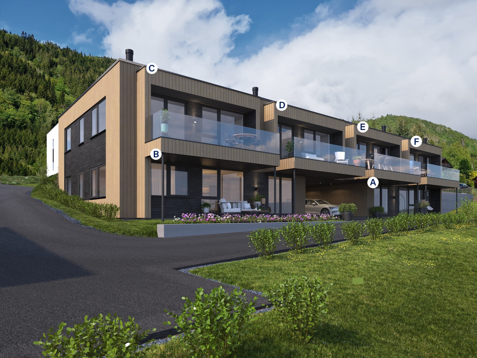 Moderne 6-mannsbolig med stilfulle leiligheter A-F over 2 etasjer. Leilighet A har inngang i underetasjen. Galleribilde