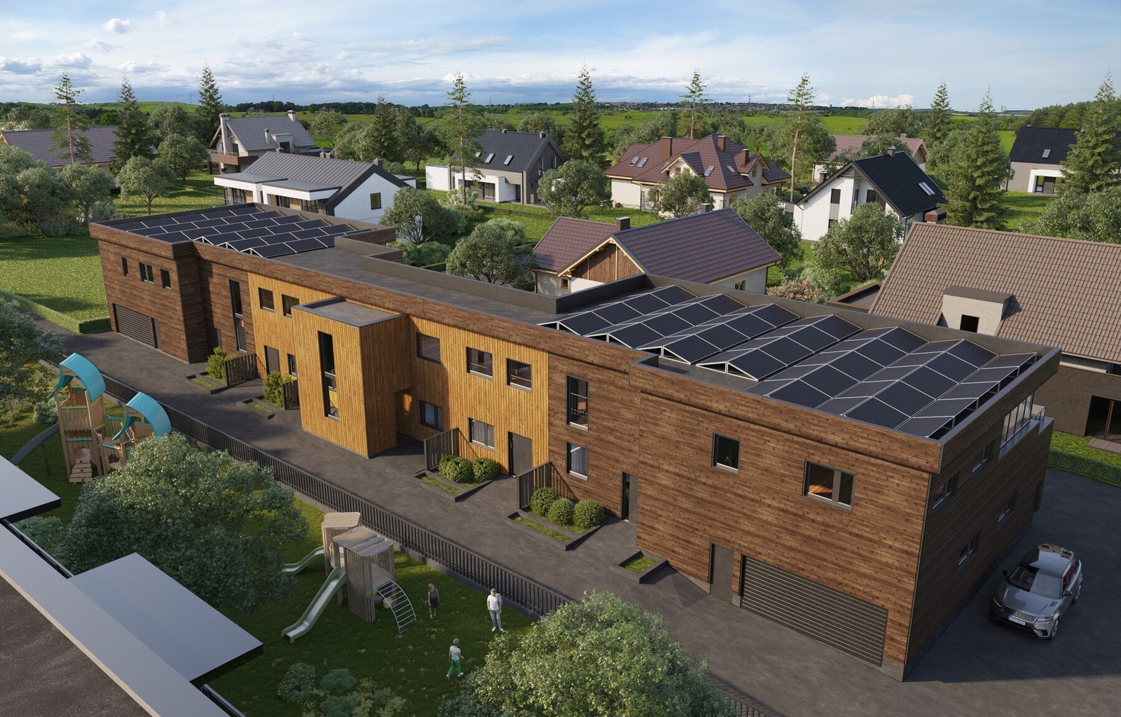 Hver leilighet har to balkonger, en nordvendt og en sørvendt.
Den sørvendte balkongen vil bli innglasset, og man kan nyte tidlig vårdager og sene høstkvelder ute. Galleribilde