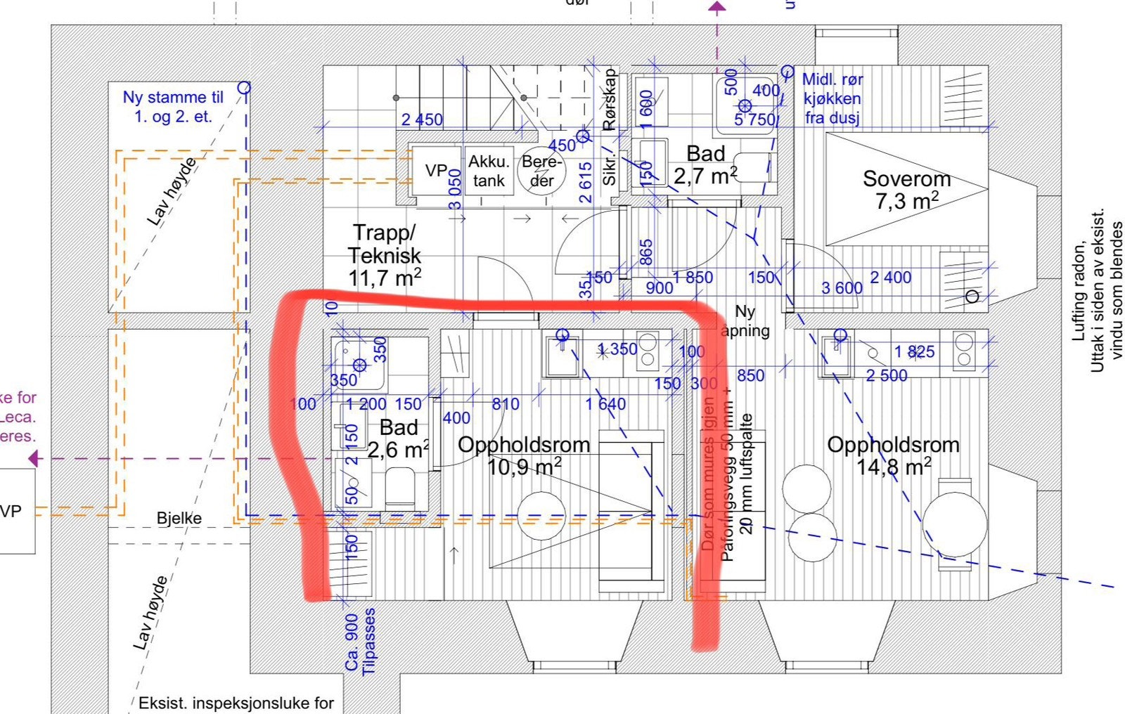 Planløsningen markert med rødt Galleribilde