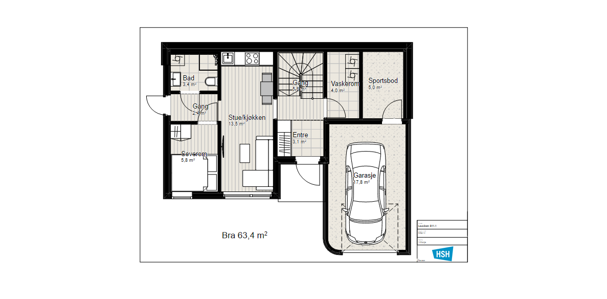 1.etg. praktikantdel med egen inngang, entre, vaskerom, garasje og sportsbod til hoveddel. Galleribilde