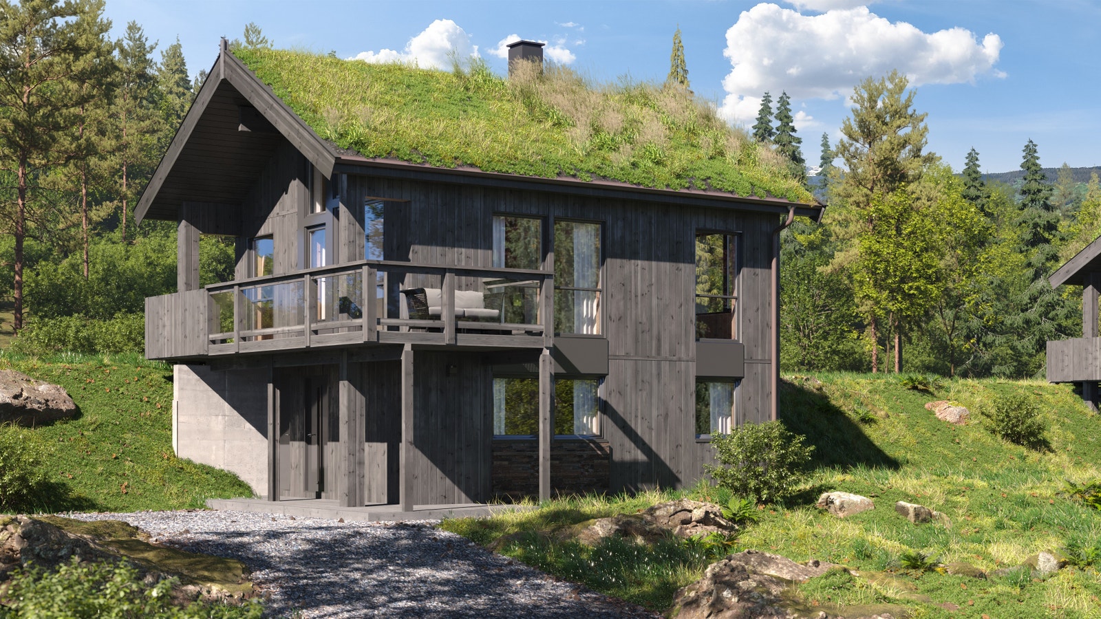 Hytten er spesialtegnet av Saltdalshytta for feltet. Store vindusflater, to plan og et moderne uttrykk er bare noen få av kvalitetene til hyttetypen. Eksteriørillustrasjon av hyttetype M491. Galleribilde