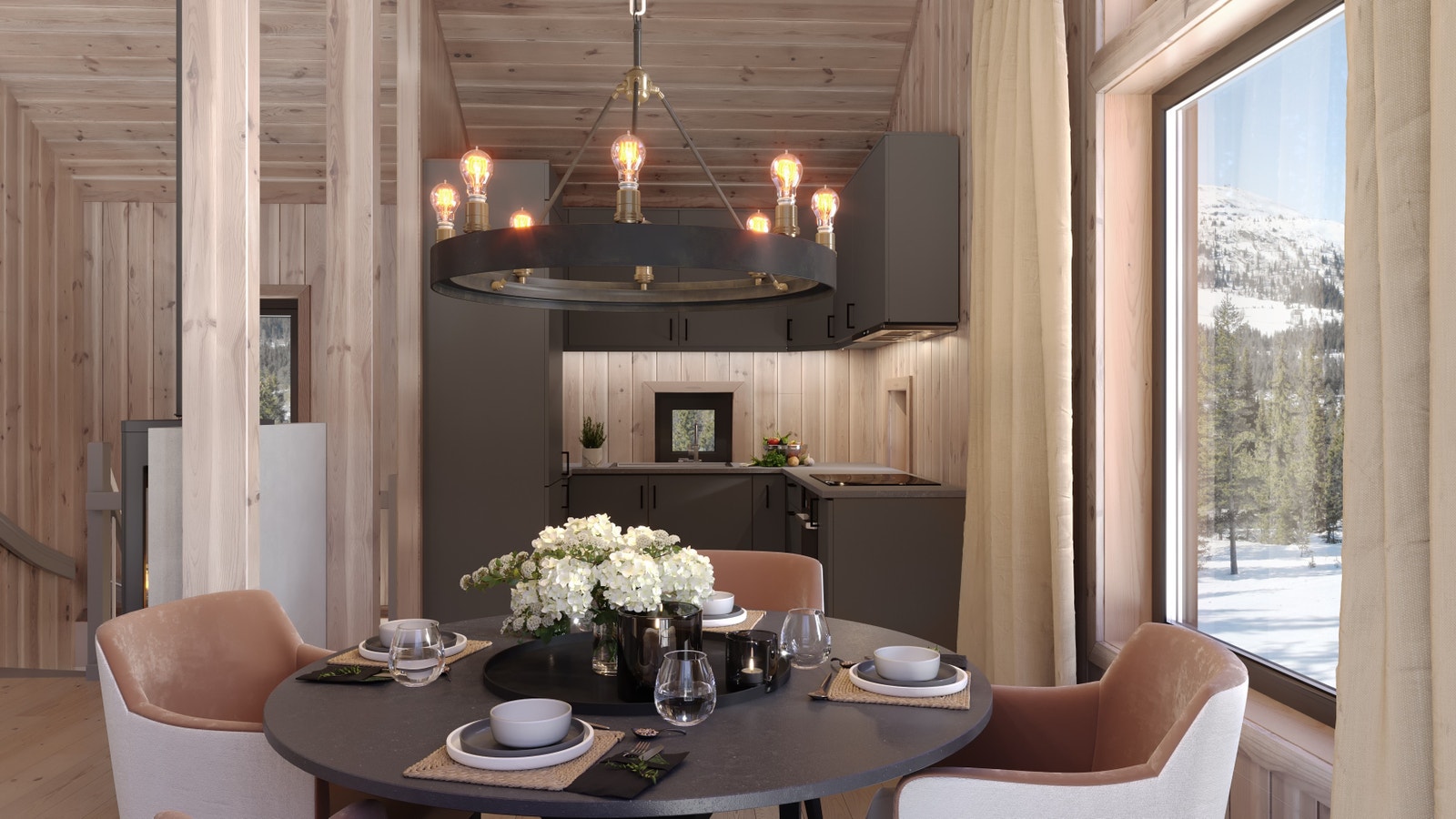 Stilren og moderne hytte over to plan: sokkel og hovedetasje. Høy himling og store vindusflater slipper naturen og omgivelsene inn i den store åpne stue-/kjøkkenløsningen på hele 35 m2 i hovedetasjen. Galleribilde