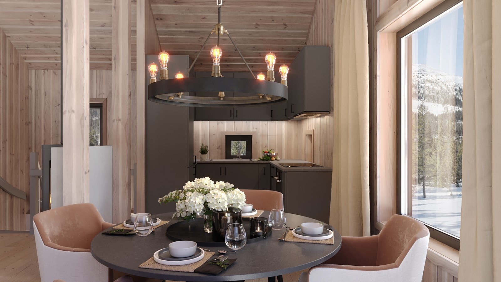 Stilren og moderne hytte over to plan: sokkel og hovedetasje. Høy himling og store vindusflater slipper naturen og omgivelsene inn i den store åpne stue-/kjøkkenløsningen på hele 35 m2 i hovedetasjen. Galleribilde