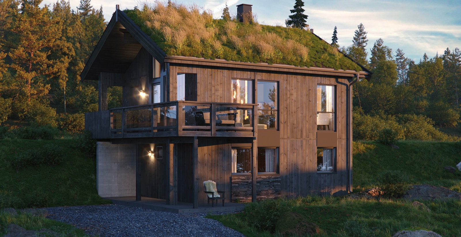 Hytten er spesialtegnet av Saltdalshytta for feltet. Store vindusflater, to plan og et moderne uttrykk er bare noen få av kvalitetene til hyttetypen. Eksteriørillustrasjon av hyttetype M493. Galleribilde