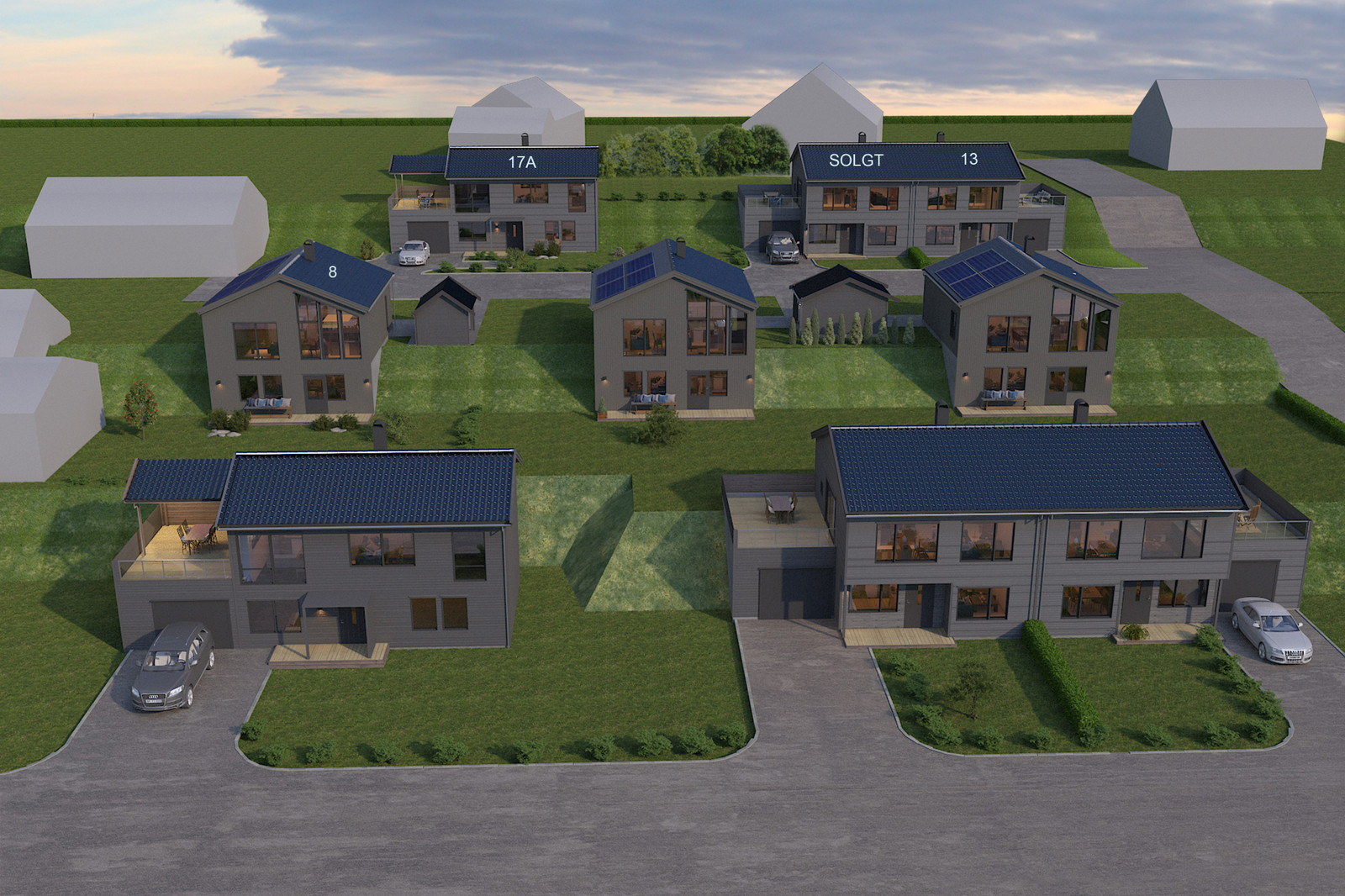Illustrasjonsbildet av boligene som skal bygges i Hjortveien. Tomannsboligen til salgs er nr 13. Avvik vil forekomme.