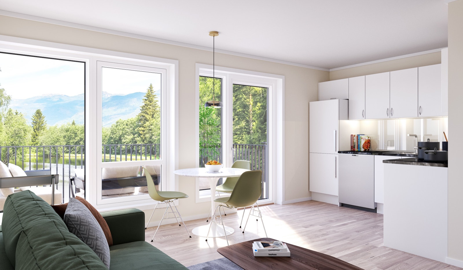 Illustrasjon av stue/kjøkken i 2-roms leilighet. Avvik vil forekomme. Galleribilde