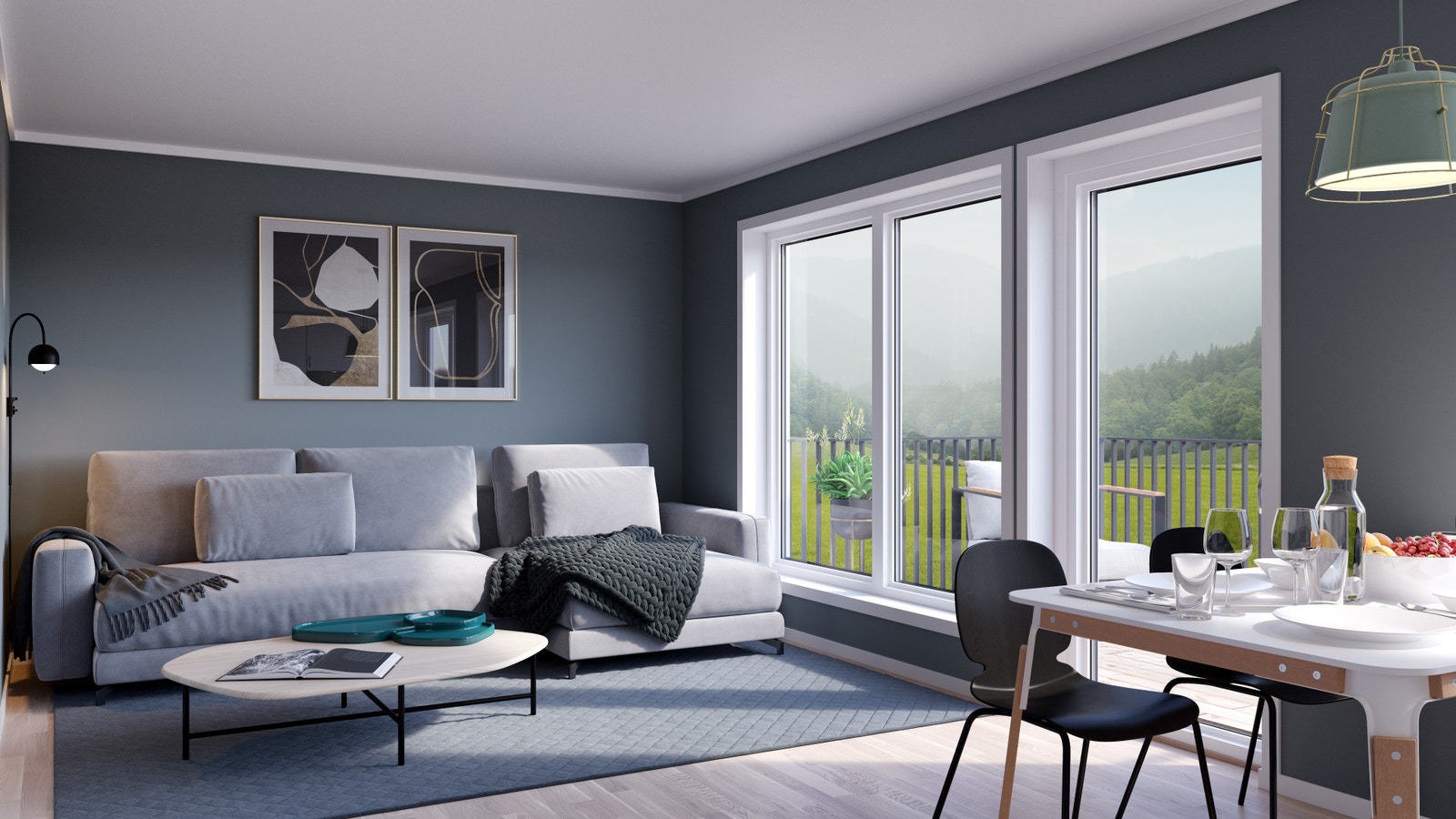 Illustrasjon av stue i 3-roms leilighet. Avvik vil forekomme. Galleribilde