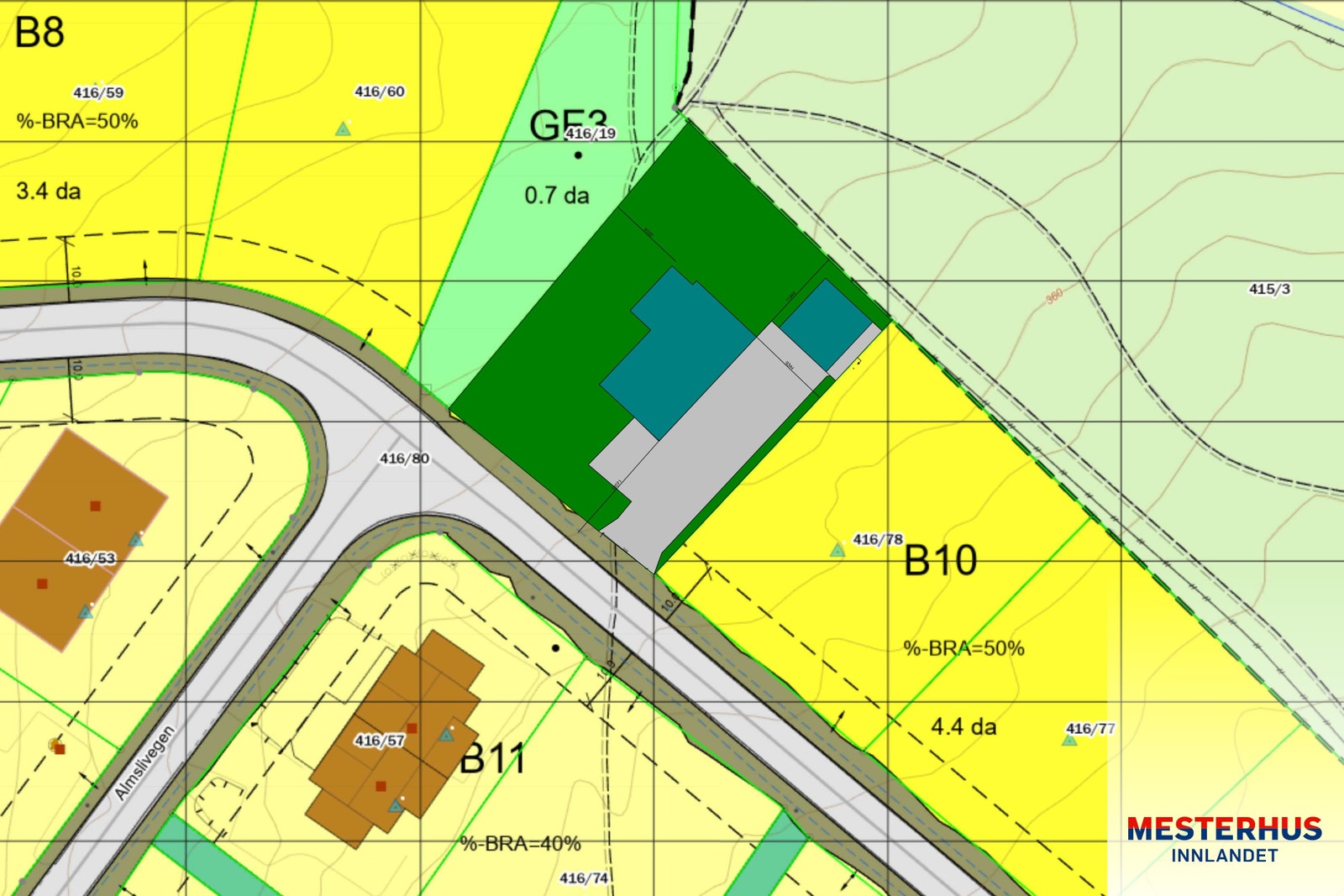 Situasjonsplan viser plassering av boligen og mulig plassering av fremtidig carport/ garasje. Galleribilde