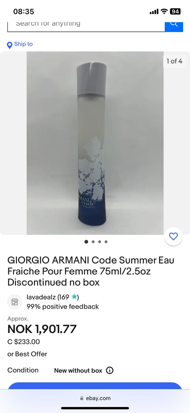 Armani Code Summer 75ml Eau Fraiche Pour Femme FINN torget