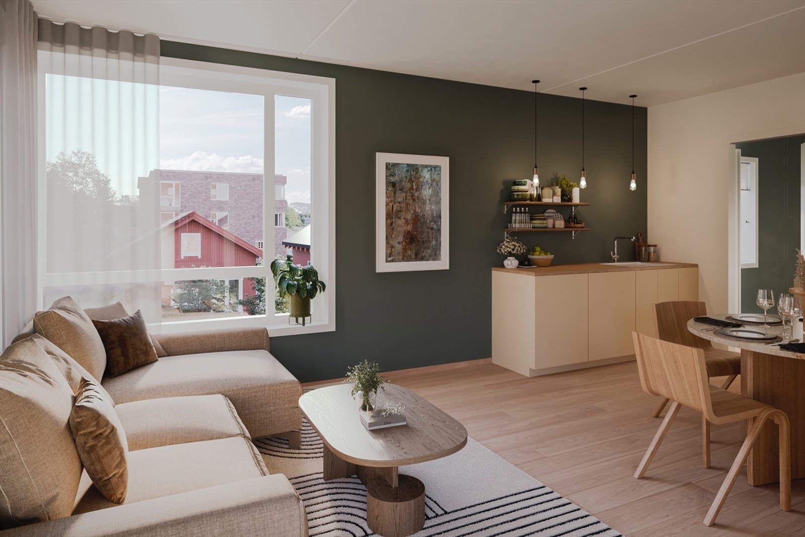 Stue med stort vindu ut mot eplehagen og "Lilleholtet" Galleribilde