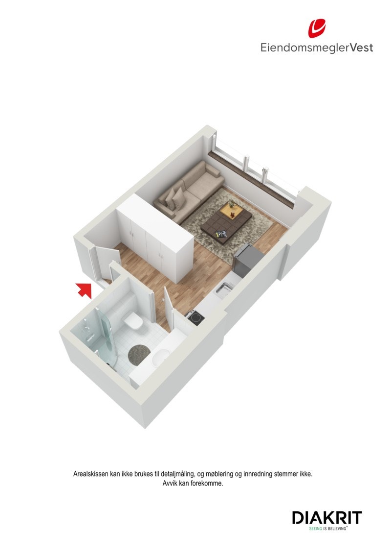 3D plantegning av studioleiligheten Galleribilde