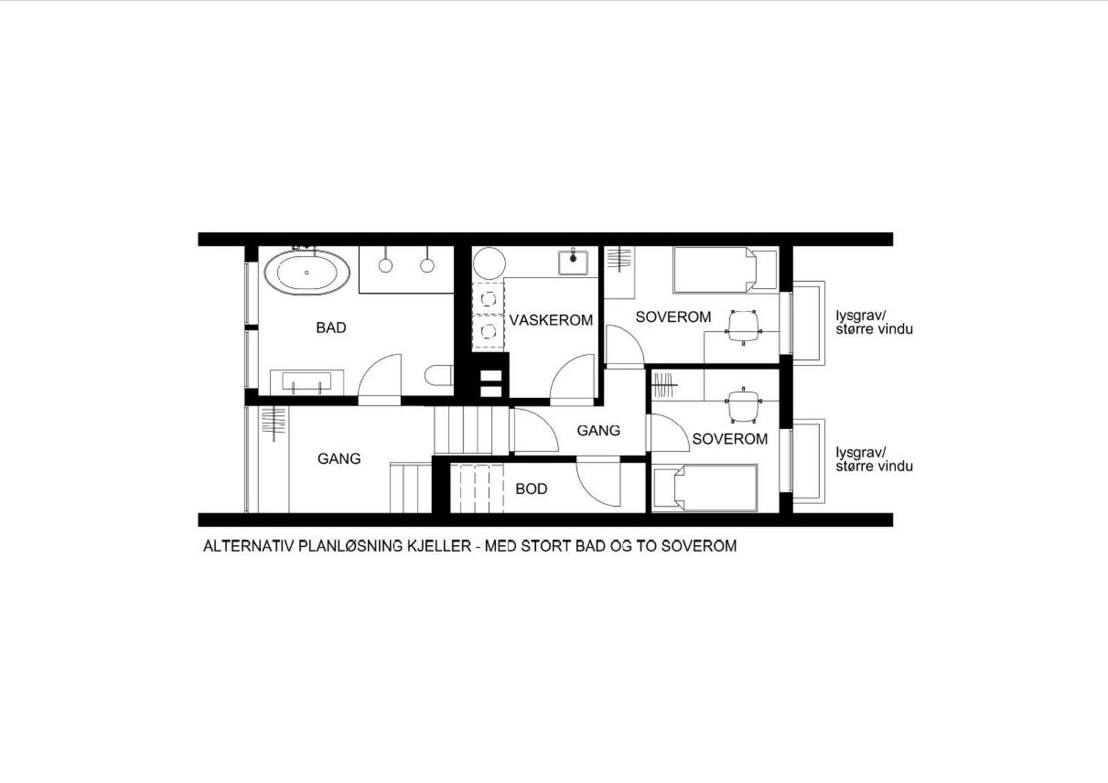 Alternativ plantegning kjeller. NB! Dette er søknadspliktige tiltak og det er ingen garanti for at det gis tillatelse Galleribilde