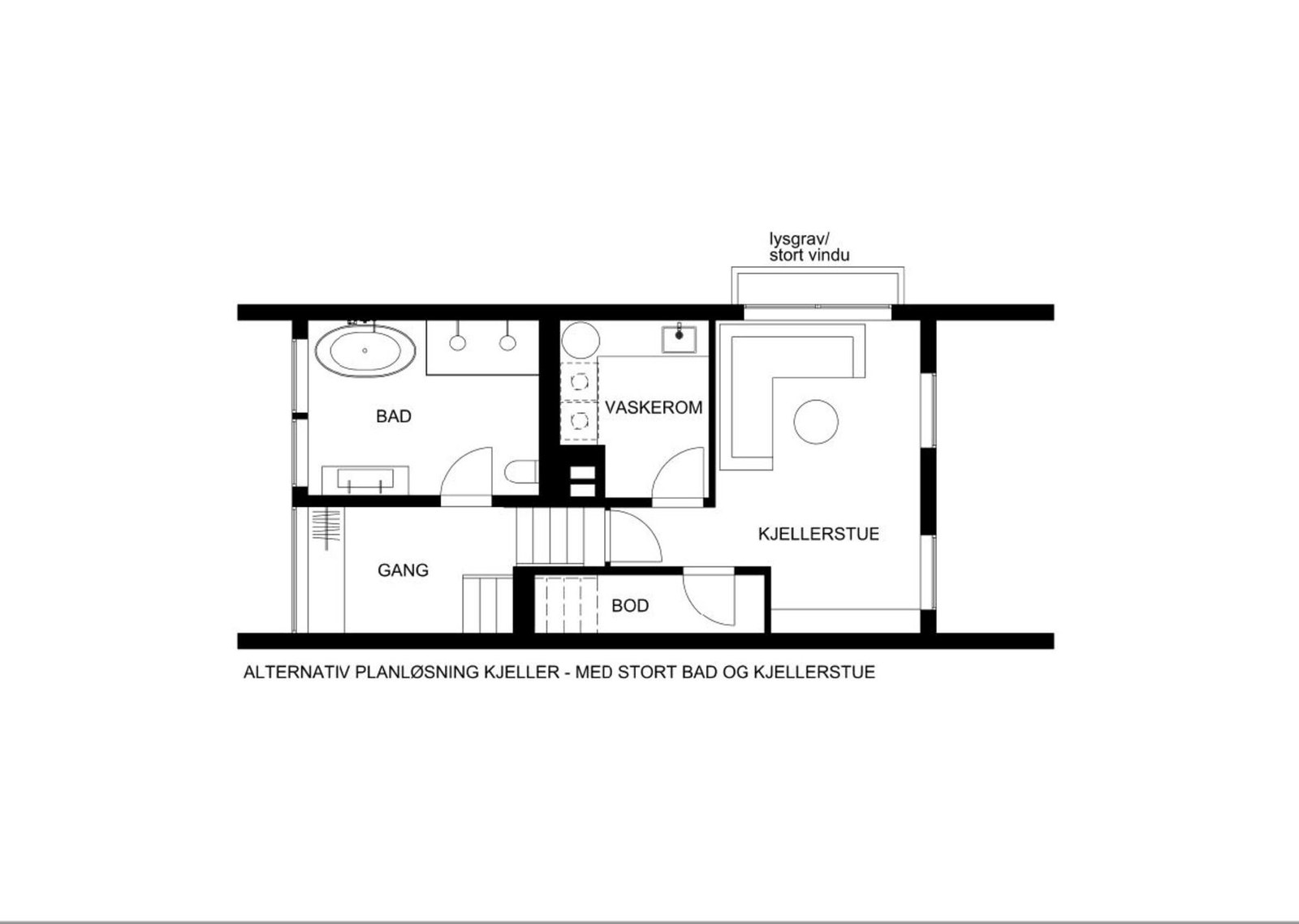Alternativ plantegning kjeller. NB! Dette er søknadspliktige tiltak og det er ingen garanti for at det gis tillatelse Galleribilde