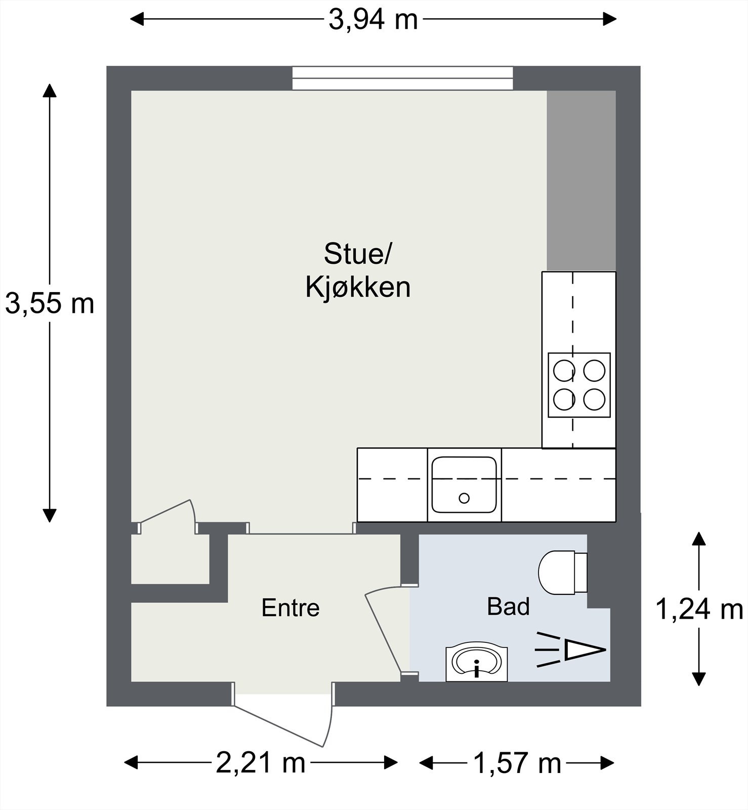 Plantegning fra takstmann. Avvik kan forekomme. Boligen disponerer en skapbod rett ved inngangsdøren og en kjellerbod. Galleribilde