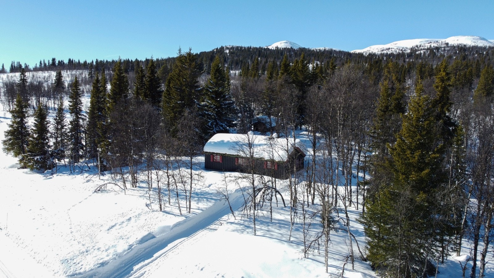 Eiendommen ligger fint til og har et sjarmerende tun hvor hytte, anneks og uthus er plassert i tunform Galleribilde