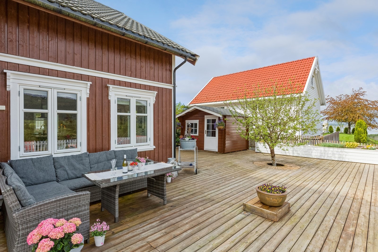 Fantastisk fin uteplass/terrasse som omkranser eiendommen. Epletre og en koselig, liten bod på uteplassen. Galleribilde