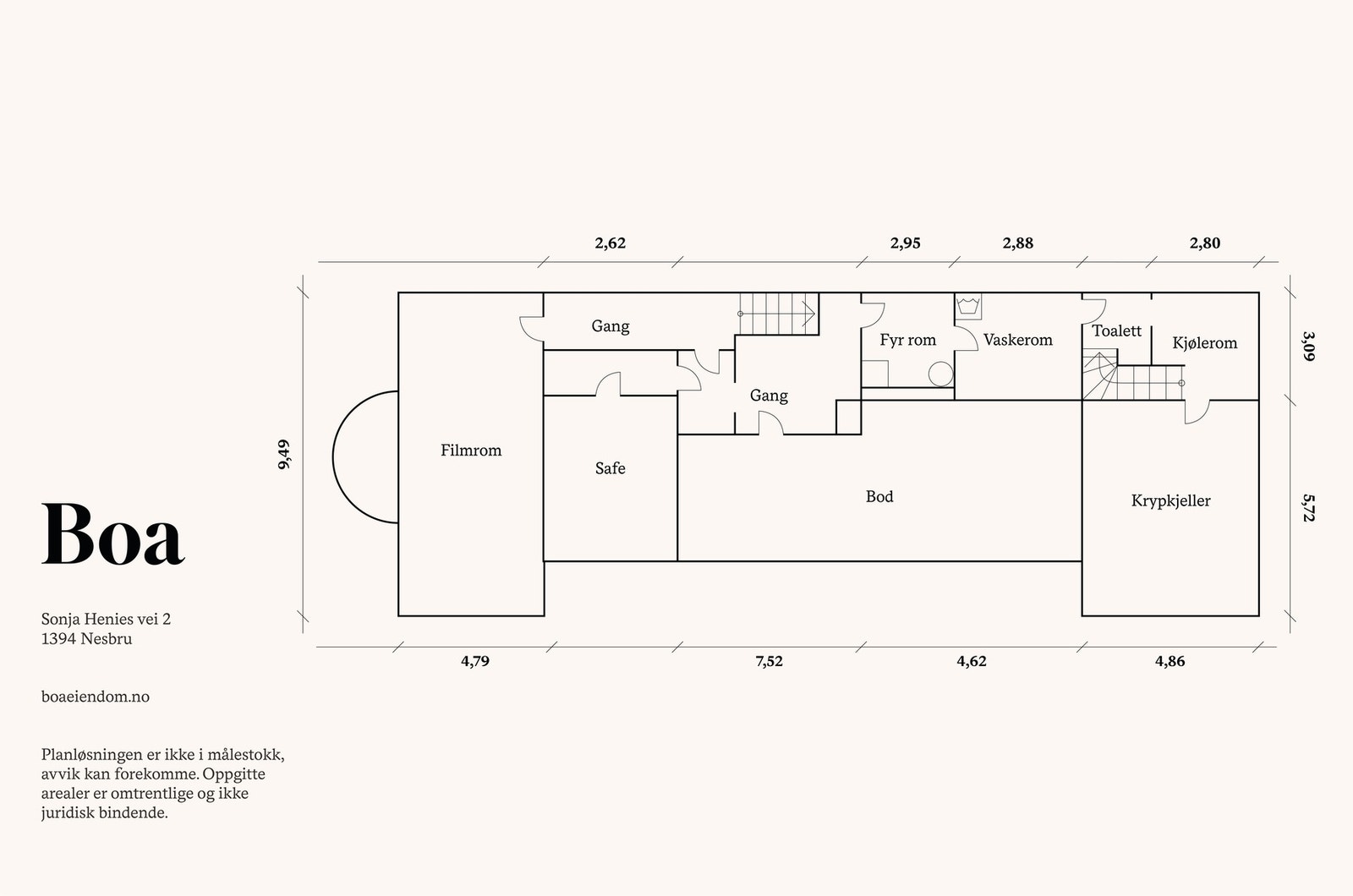 Kjeller: Filmrom, gang, safe, fyrrom, gang, vaskerom, bod, kjølerom og bod med lav takhøyde (krypkjeller). Garasje: Dobbel garasje m/bod. Galleribilde