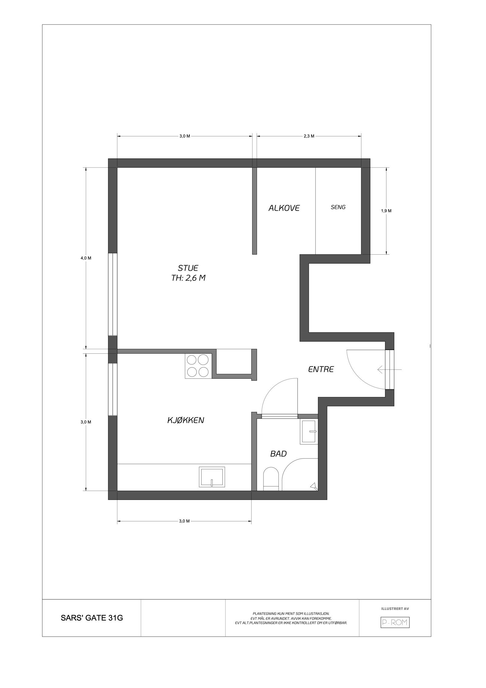Praktisk planløsning med gode muligheter for å få til et soverom ved å flytte kjøkkenet. Galleribilde