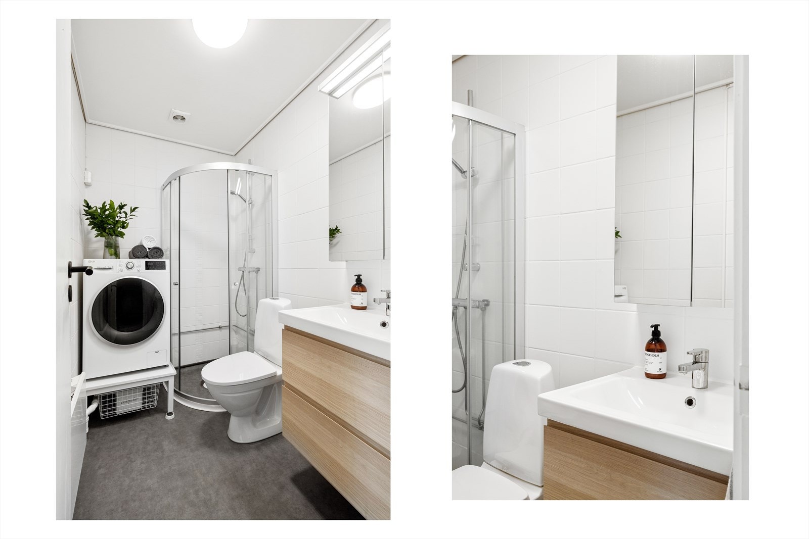 - Badet inneholder dusj med armatur, speilskap, servant med oppbevaringsskap, klosett og opplegg for vaskemaskin - Galleribilde