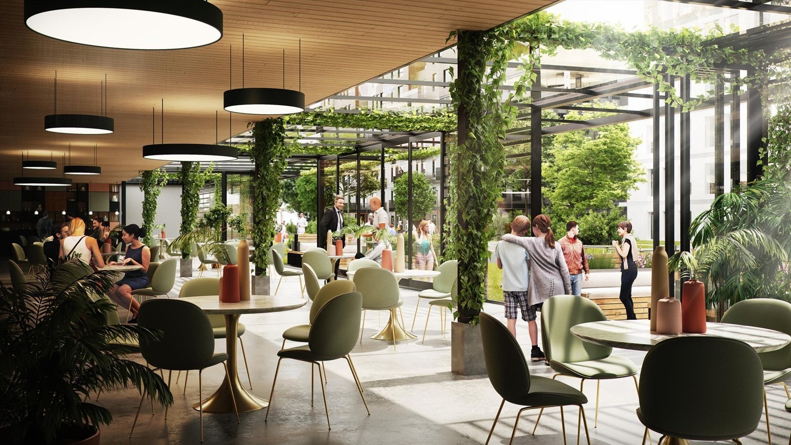 Illustrasjonsbilde av restaurant ved park (Nye Triaden) - Helling Arkitekter og utbygger Olav Thon Galleribilde