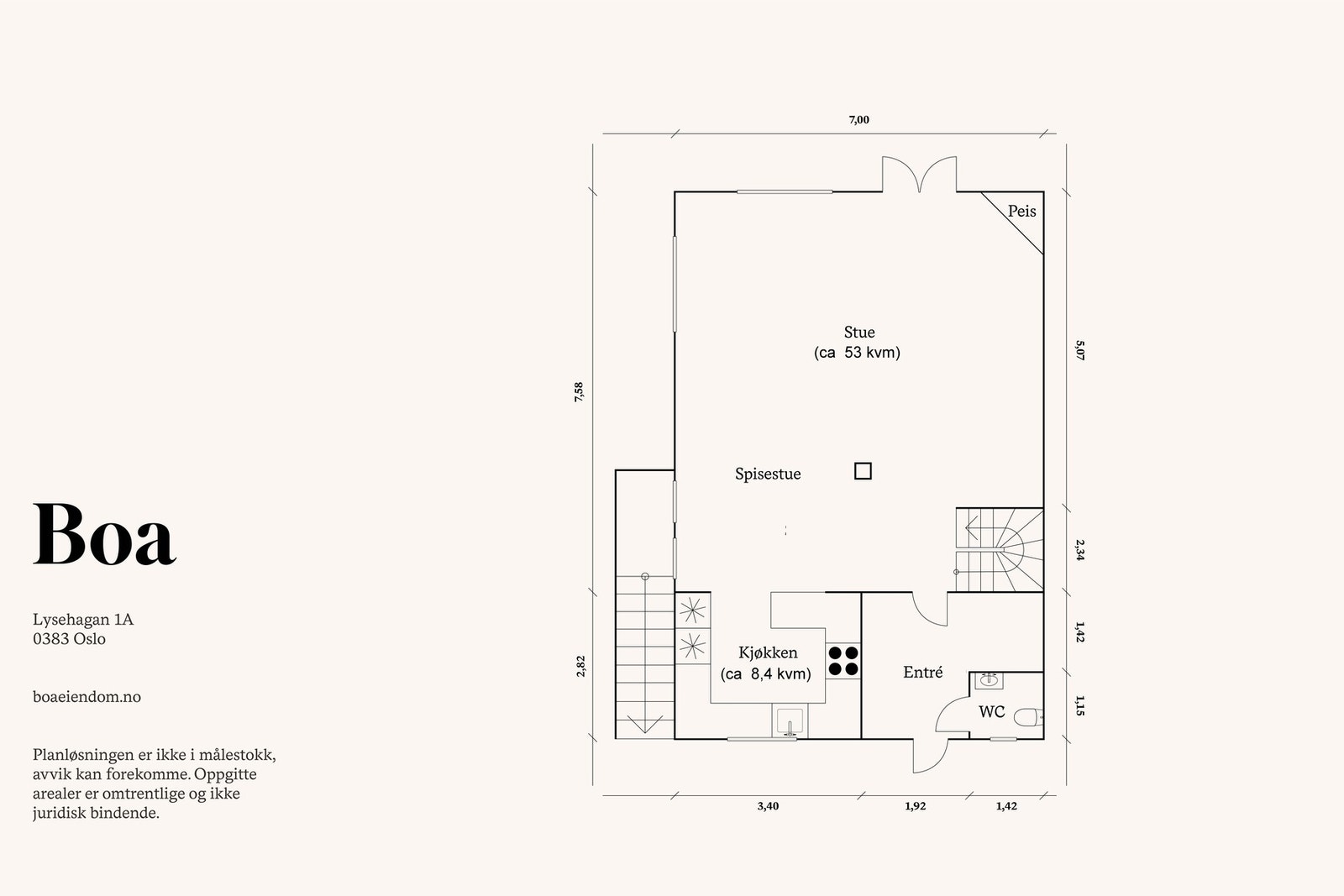 1. etasje: Entré/gang, separat toalett, trappegang, kjøkken, spisestue/stue. Galleribilde
