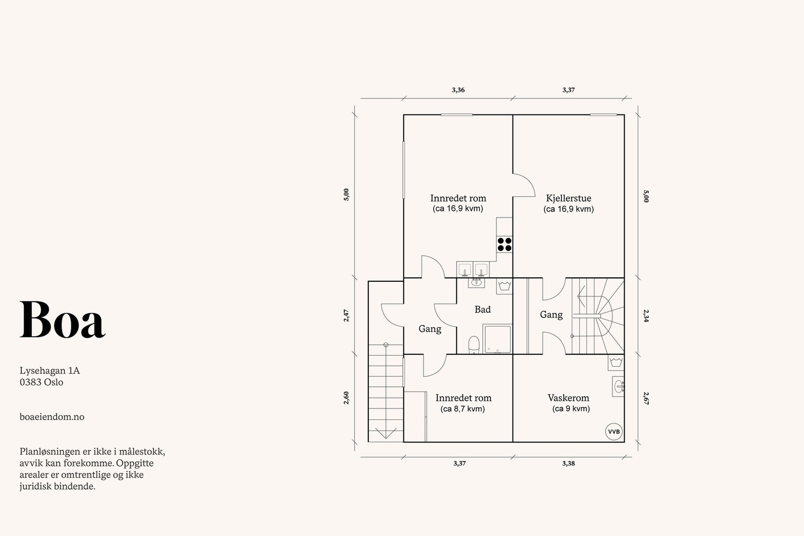 Kjeller: Trappegang, vaskerom, innredet rom (kjellerstue), entré/gang, bad, innredet rom (stue med kjøkken) og innredet rom (i dag benyttet som soverom). Galleribilde