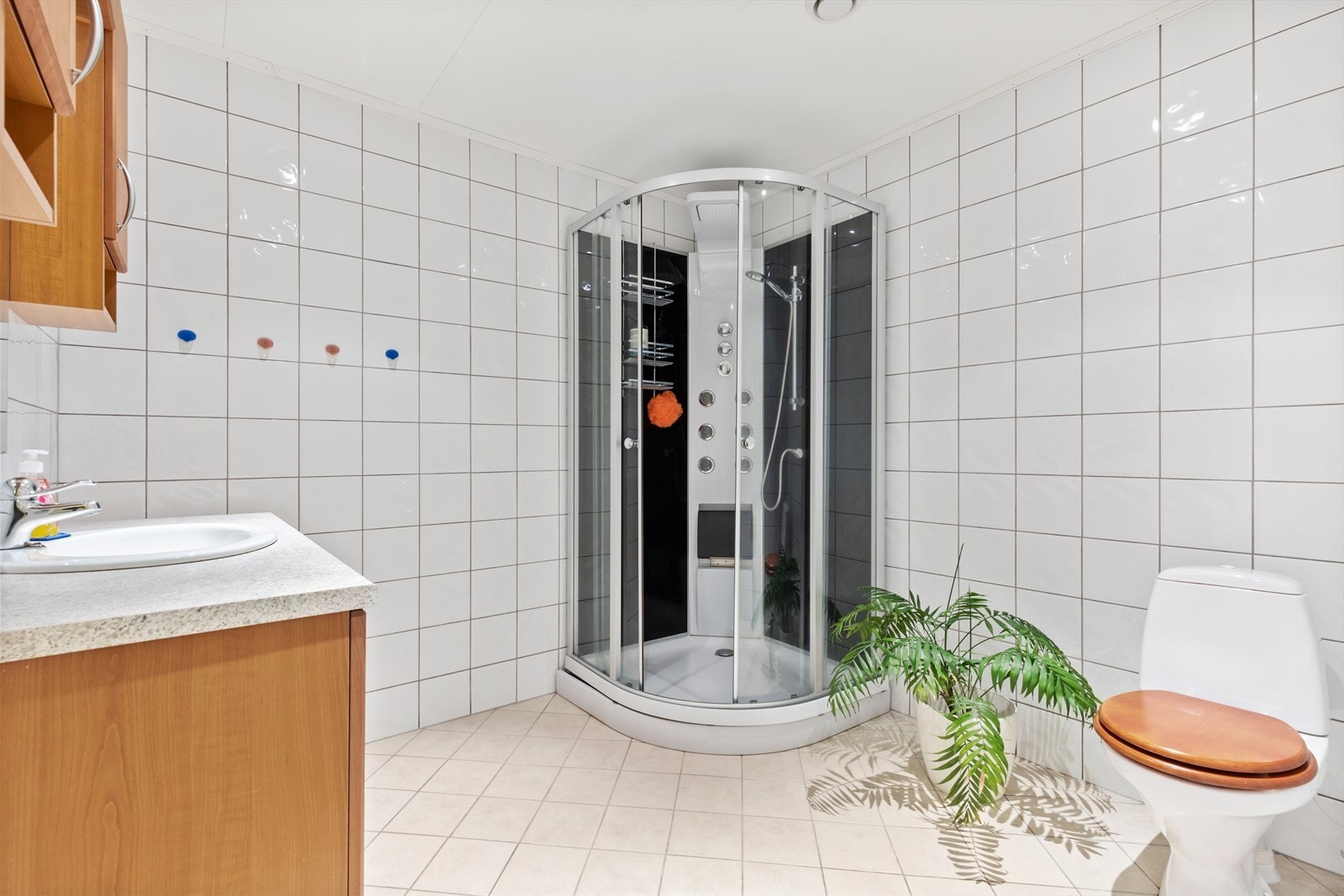 Bad i sokkeletasje har også dusjkabinett Galleribilde