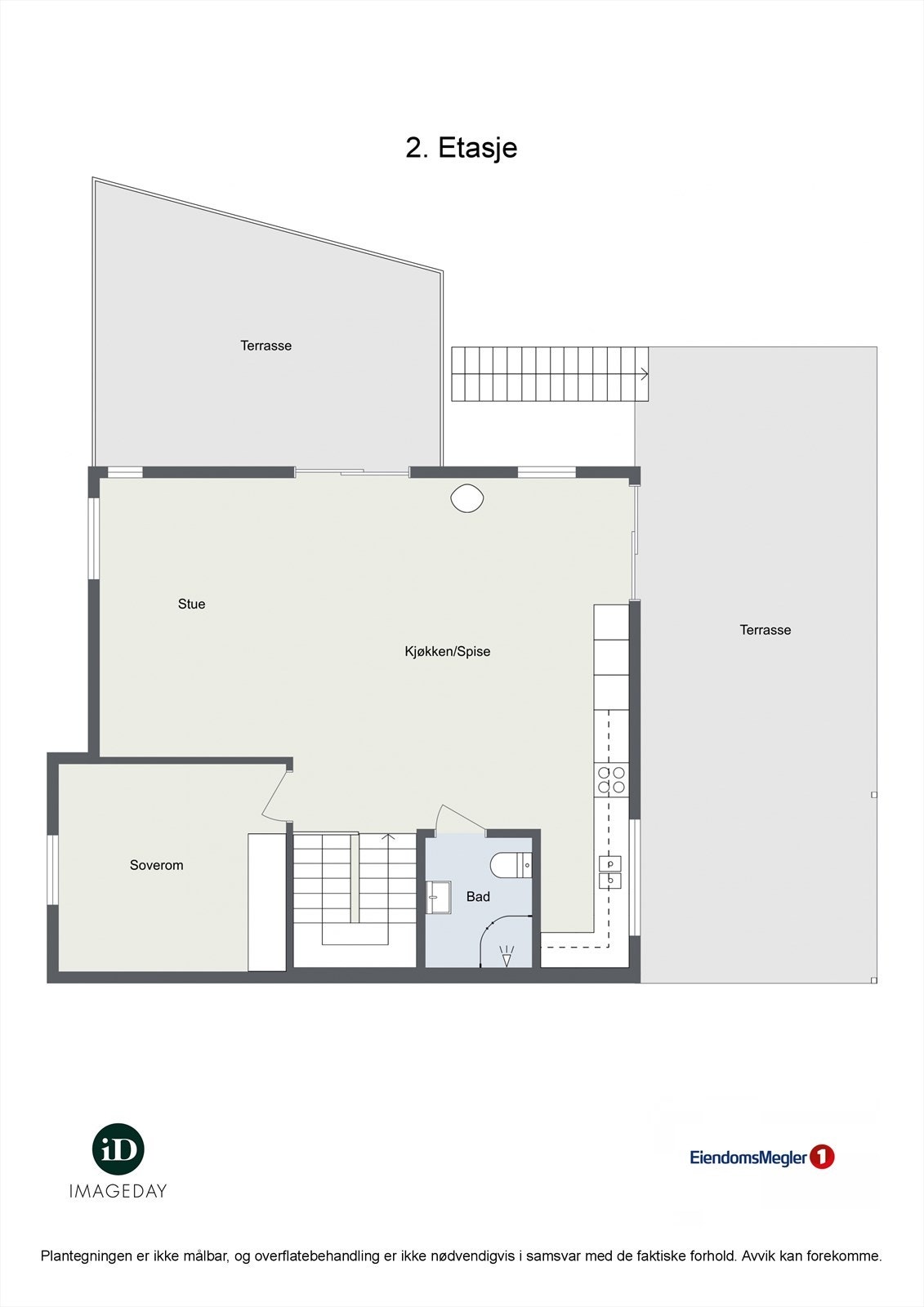 2. etasje inneholder stue, kjøkken, bad og soverom. Utgang til to terrasser. Galleribilde