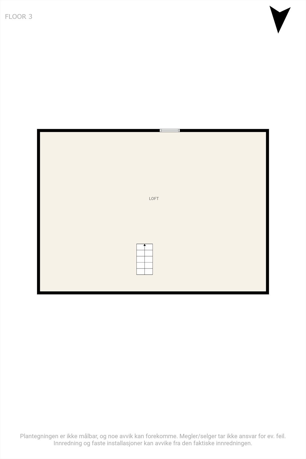 Plantegning loft. På loft er takhøyde under bjelke under mønet 1,89. Lofts arealet er derfor ikke målbart arealer. Gulvareal innenfor knevegger er ca 36 m². Galleribilde