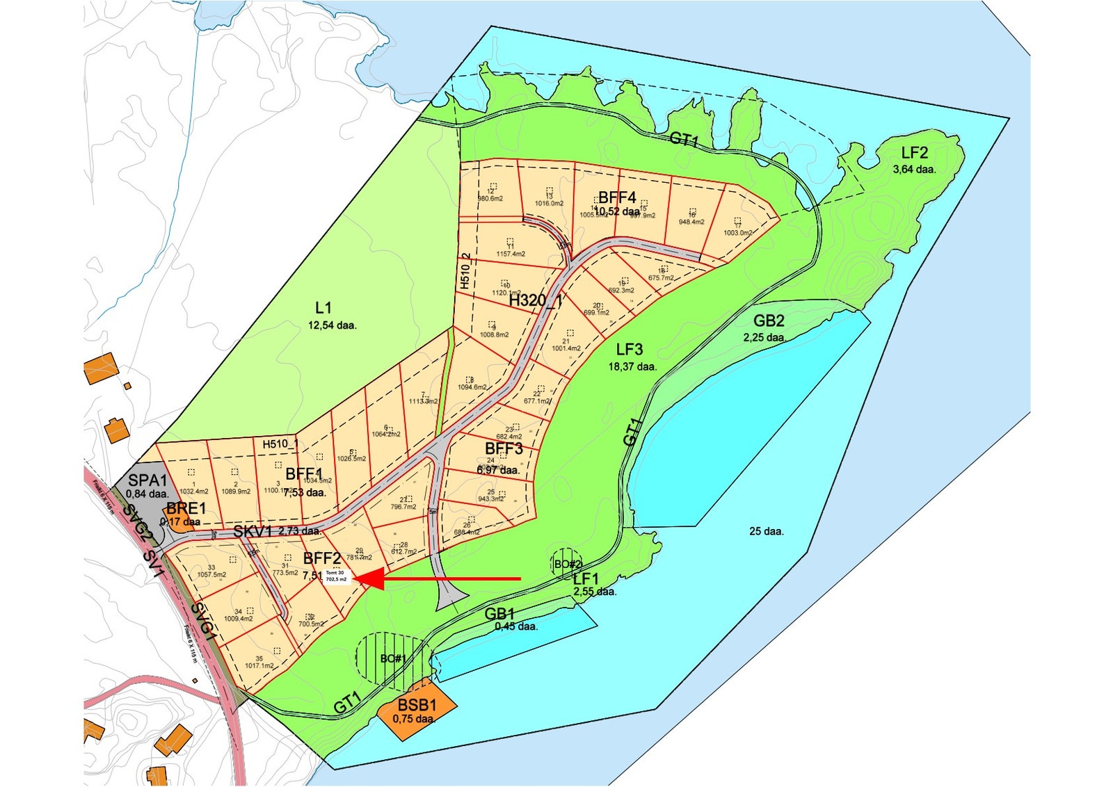 Kart over Raudnes hyttegrend - Pil til tomt 30 Galleribilde