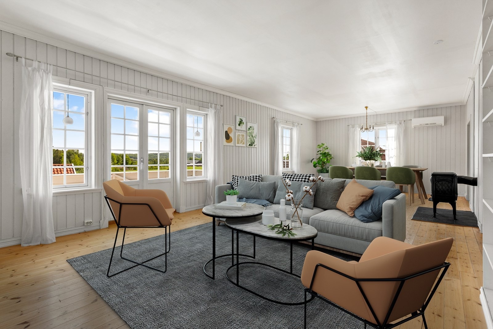 Stuen er romslig og har god plass til både spisestue og sittegruppe (digital styling) Galleribilde