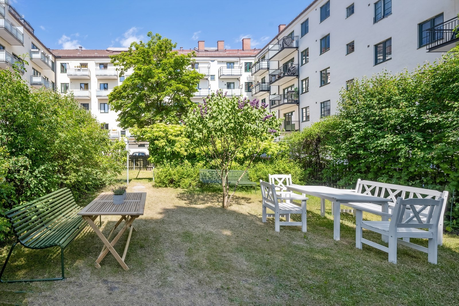 Flott bakgård til felles bruk. Bakhagen er pent opparbeidet med gressplen, prydbusker, diverse beplantning og sittegrupper. Galleribilde