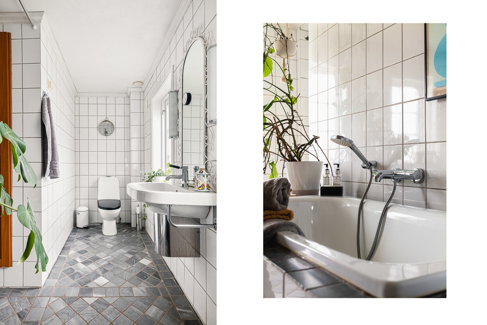 Pent innmurt badekar, separat dusj, wc, servant og håndklevarmer. Galleribilde